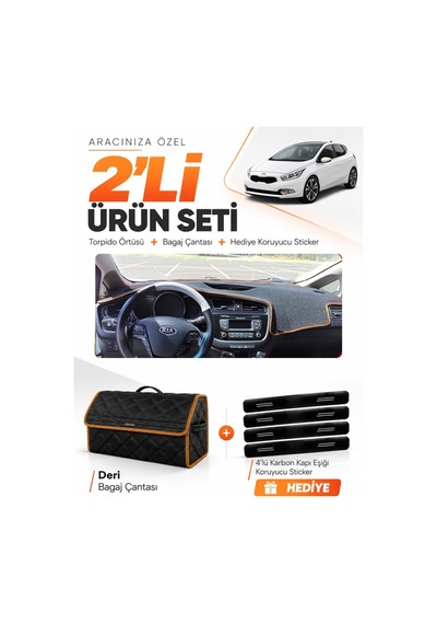Kia Ceed 2013-2019 Uyumlu Torpido Örtüsü + Deri Bagaj Çantası + Sticker Seti - Siyah Kahverengi