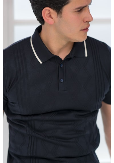 Advante Slimfit Kolları Lastikli Likralı Desenli Polo Yaka Triko T-shirt Lacivert