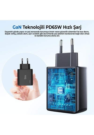 Ayrex Bx2p65g Gan Pd 65w Type-c Ve Usb-a Qc 18w Çift Portlu Akım Korumalı Hızlı Şarj Cihazı Siyah