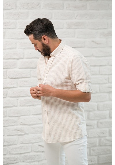 Slimfit Fit Yaka Düğmeli Çizgili Yazlık Gofre Kumaş Erkek Gömlek Kahverengi