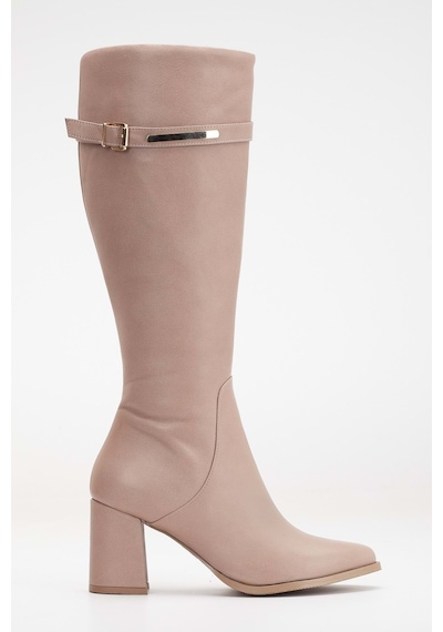 Analin Shoes Kadın Hakiki Deri Altın Toka Detaylı Şık Topuklu Çizme Taş