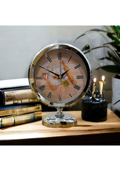 Krom Metal Ofis Salon Otel Masa Saati 25*20 cm V4 Krom