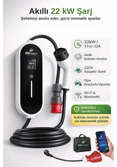 22kw Araç Şarj Cihazı Wi-fi Mobil 3 Metre Kablolu