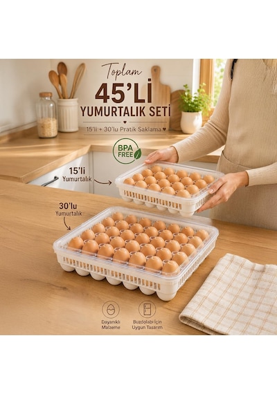 Peggy 45'li Yumurtalık Seti 15'li + 30'lu Yumurtalık, Buzdolabı Uyumlu Yumurta Saklama Kabı, Bpa İçermez, Kapaklı Yumurta Kutusu Yumurtalık Buzdolabı Organizeri Saklama Kabı Çok Renkli