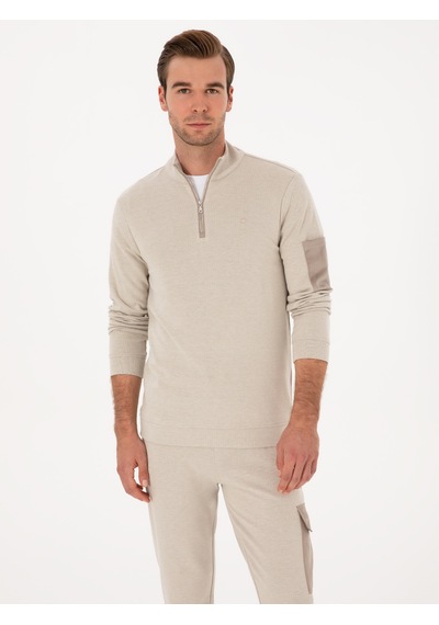Bej Regular Fit Yarım Fermuarlı Sweatshirt