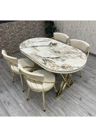 Mutfak Masa Sandalye Takımı Selenit 80-140 Oval Gold 4 Kişilik Mutfak Masası Takımı Gold
