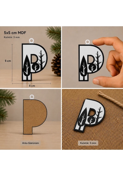 P Harf Yılbaşı Süsü Mdf Çam Ağacı Desenli Asılabilir Dekor 5x5 Cm