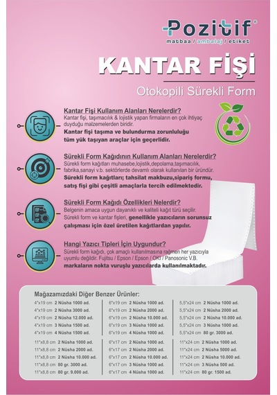 6x19 Kantar Fişi 2 Nüsha 2000 Adet , Beyaz Otokopili Sürekli Form 6''x19 Cm