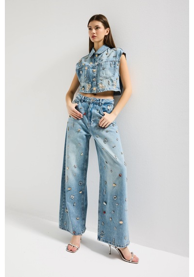 it's basic Kadın Kot Rengi 12s6-32 Mega Baggy Fit Özel Dikim Aksesuarlı Tasarım Denim Jean Mavi