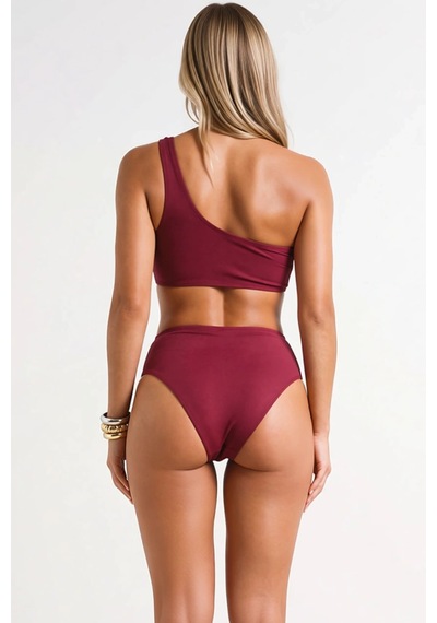 Benerly Kadın Bikini Takımı Tek Omuz Kaplı Yüksek Bel Slip Dalgıç Örme Ku Bordo