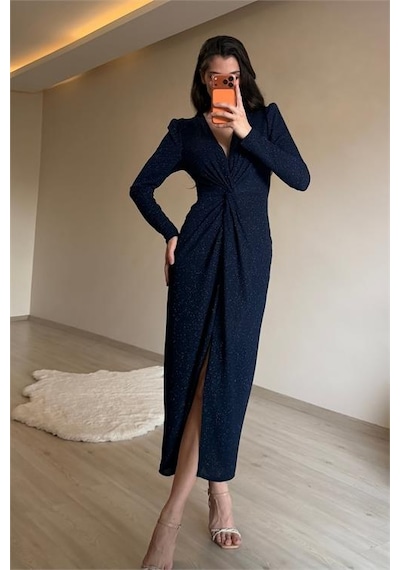 Neşeli Butik Kadın Mavi Bel Büzgü Detaylı Yırtmaçlı Midi Boy Abiye Elbise Nm027 Mavi