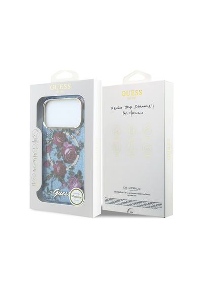 Apple iPhone 18 Pro Max Uyumlu Kılıf Guess Lisanslı M-safeli Gül Desenli Simli Yazı Logolu Kapak Açık Mavi