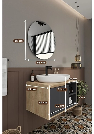 Gül 70 Cm %100 Mdf Lavabolu Banyo Dolabı Ayna Alt Dolap Lavabo Antrasit