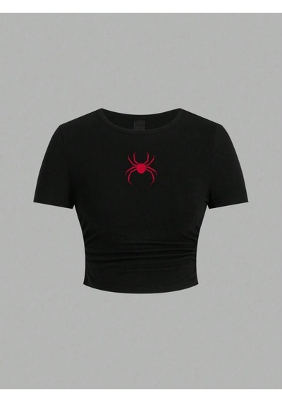 Noıssey Basit Kırmızı Örümcek Baskı Kırpma Üstleri Yaz Sokak Moda Kadın Slim-fit T-shirt Rahat Yumuşa Siyah