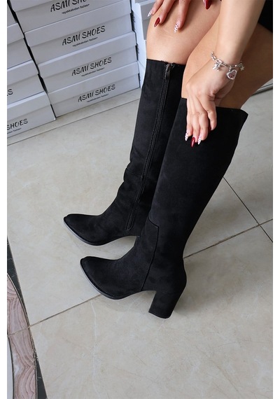 Asmi Shoes Kadın Lamor Siyah Süet 7 Cm Topuklu Yandan Fermuarlı Diz Altı Çizme 400