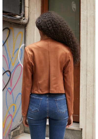 Kadın Esnek Süet Kumaş Sıfır Yaka Flato Cepli Uzun Kol Blazer Ceket-taba Taba
