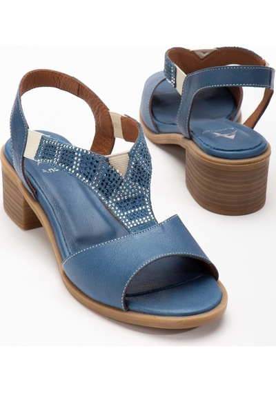Analin Shoes Kadın Hakiki Deri Lastikli Rahat Taşlı Sandalet Kot Mavi