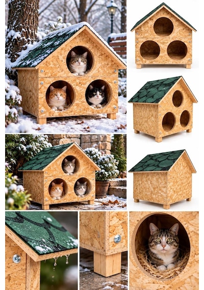 Reyo 3 Bölmeli Büyük Kedi Evi Osb Su Yalıtımlı Rüzgar ve Soğuğa Dayanıklı Ahşap Kedi Evi Sokak Hayvanları İçin Kedi Barınağı Kedi Yuvası 58 x 58 x 40 CM CAT28