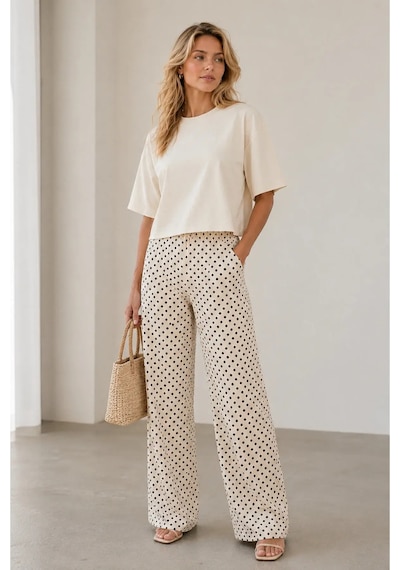 Kadın Puantiyeli Alt Üst Takım Oversize Bluz Ve Bol Paça Pantolon - 2426 L Bej