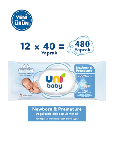 Uni Baby Newborn & Premature Yenidoğan Islak Pamuk Mendil 12x40 480 Yaprak 12'li Set