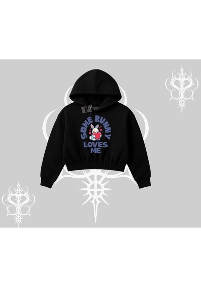Startmore Kapşonlu Crop Sweatshirt Sevimli Tavşan Some Bunny Loves Me Baskılı Siyah