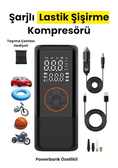 4500 Mah Şarjlı Taşınabilir Araba Lastik Hava Top Şişirme Pompası Led Işıklı Dijital Hava Kompresörü Siyah