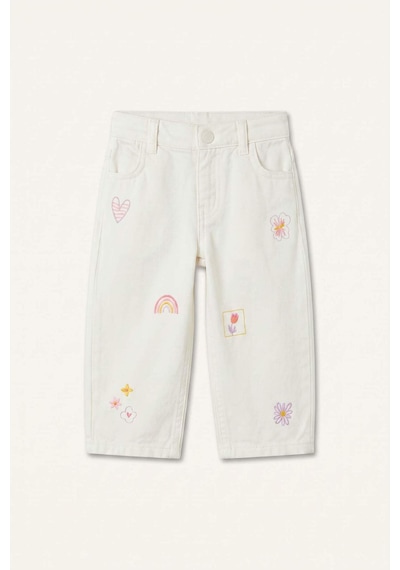 Defacto %100 Pamuk Baggy Fıt Gabardin İşlemeli Ecru Pantolon Kız Bebek H9302a526auer105 Ekru-er105