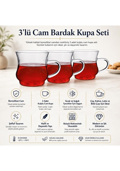 3 Lü Borosilikat Cam Kupa Seti, Kulplu Şeffaf Çay Kahve Latte Ve