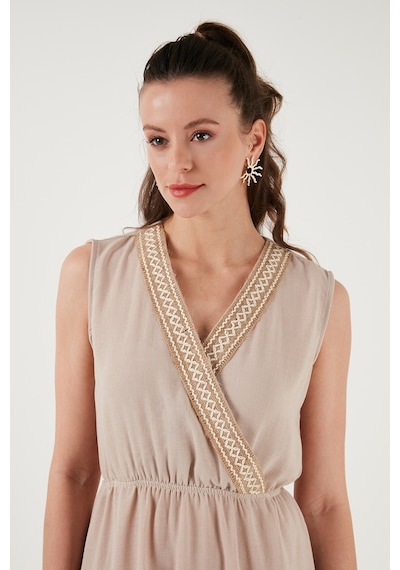 Lela Regular Fit Kruvaze Yaka Midi Bayan Elbise 6118103 Taş