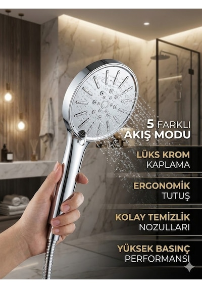 Krom Duş Başlığı 3 Fonksiyonlu Premium 360 Ayarlanabilir, Su Tasarruflu Gümüş Eva / Pvc Diğer