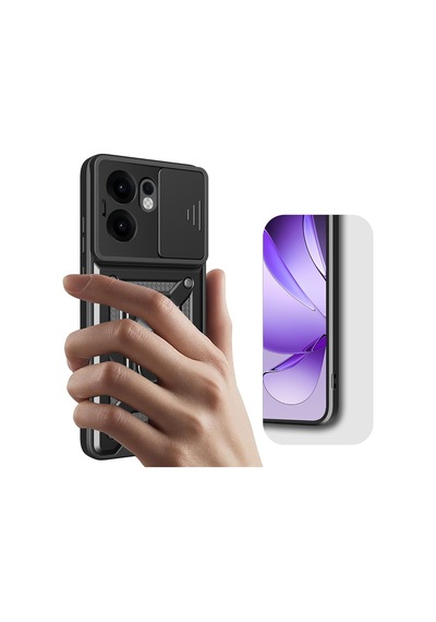 Oppo Reno 13f 5g Kılıf Magnetik Standlı Kamera Korumalı Zore Sürgülü Vega Kapak Mavi
