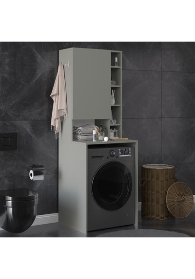 Asra Trend Çamaşır Makinesi Üstü Banyo Dolabı BD-02 %100 MDF Kapaklı Organizer Raf Kül Gri