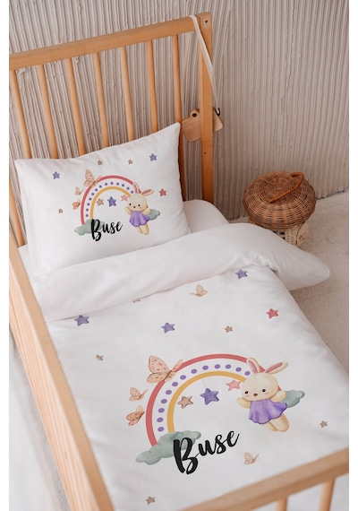 %100 Pamuk Saten Isme Özel Isimli 100x150 Bebek Yatak Nevresim Seti Tavşan 1