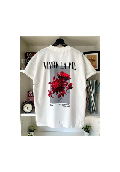 Tarzsokak Unisex Beyaz Vivre La Vie Baskılı Oversize Bisiklet Yaka Penye Tişört