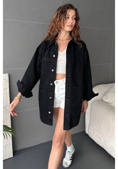Siyah Düğmeli Çift Cep Oversize Denim Gömlek Ceket Bcdf-245415 Çok Renkli