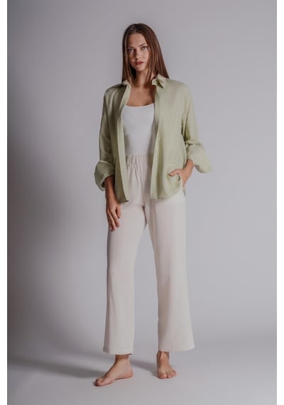 Braccas Kadın Keten Karışımlı Yandan Cepli Beli Lastikli Relaxed Fit Pantolon Naturel Naturel