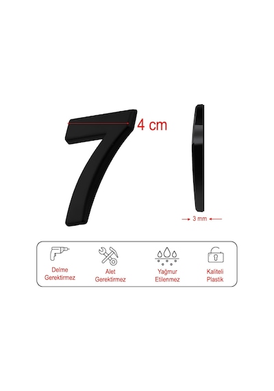 Lexroo Yapışkanlı Kapı Numarası Küçük Boy 50 Mm 5 Cm Numara 7 Rakam Yedi Sayı Siyah Renk Numaralar Standart
