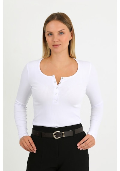 Hdm Kadın Beyaz Uzun Kollu Fitilli Patlı Çıtçıtlı Basic Örme Bluz - H6172