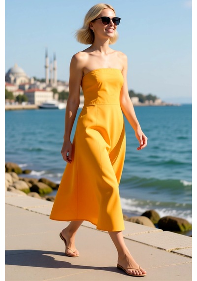 Benerly Kadın Straplez Poplin Maxi Elbise %100 Pamuk A-line Kesim Kolsuz Turuncu