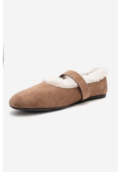 Luvishoes Guın Toprak Süet Hakiki Deri Peluş Detaylı Kemerli Kadın Babet Ayakkabı Toprak