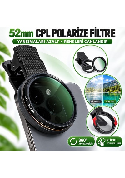 52mm Cpl Polarize Telefon Kamera Filtresi Klipsli Döner Yansıma Ve Parlama Azaltıcı Lens Siyah