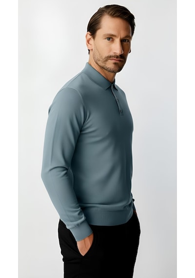 İgs İndigo Standart Fit Dar Kalıp Polo Yaka Düz Uzun Kollu Triko-21900 Mavi