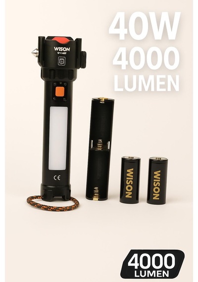 Wison 4000 Lümen 40 Watt Çok Fonksiyonlu Profosyonel Kampçı El Feneri Ws-7510 Siyah