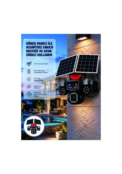 Güneş Enerjili 4 Lensli Dış Mekan Güvenlik Kamerası Ip66 Su Geçirmez - Kuzgun