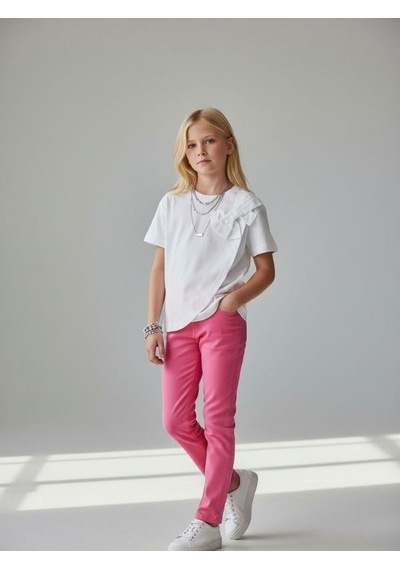 Zekids Kız Çocuk Fiyonk Detaylı Basic T-shirt-16965 Beyaz
