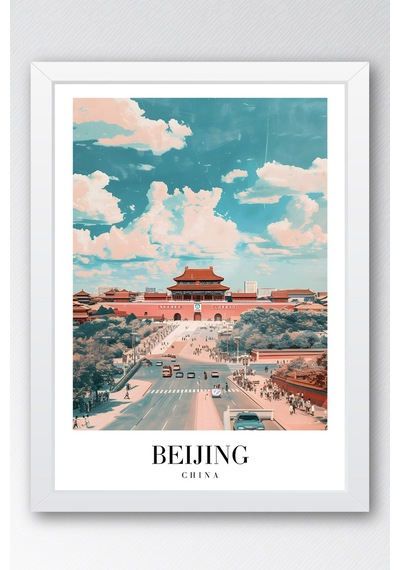 Beijing China Vintage Seyahat Posteri Çerçeveli Tablo - Premium Çin Mimarisi Elit Duvar Dekoru Beyaz