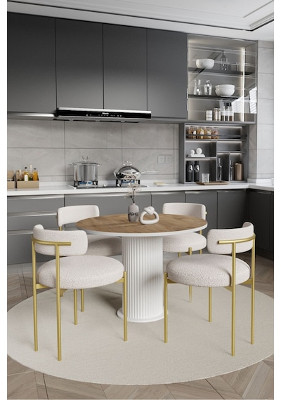 Avvio Armony Ptt Lake Mdf Ayak 4'lü Teddy Sandalye 90x90 Masa Sandalye Takımı Sandalye Bukle Kumaş Akça