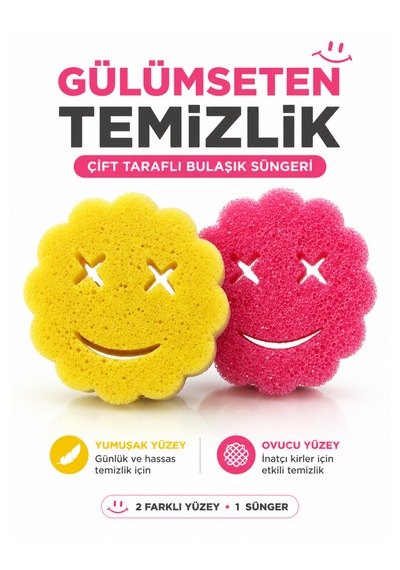 Çift Taraflı Gülen Yüz Bulaşık Süngeri Yumuşak Ve Ovucu Yüzey Mutfak Temizlik Süngeri