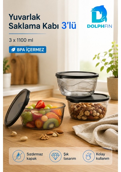 3 Lü Yuvarlak Saklama Kabı Seti 3x1,1 Litre Füme Şeffaf Siyah Kapaklı Bpa İçermez