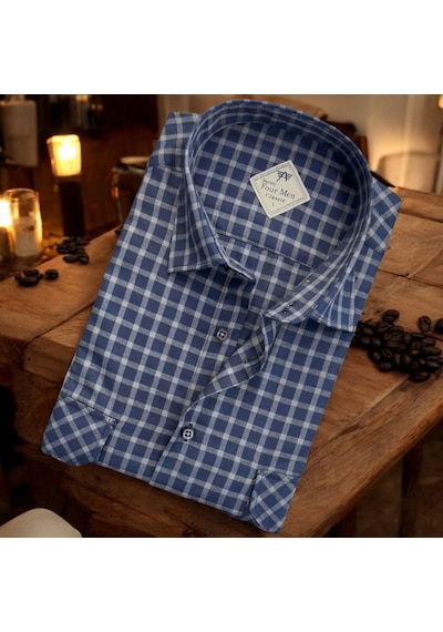 Linen Keten Klasik Kısa Kollu İki Cepli Kapaklı Mavi Baba Gömleği Regular Kalıp -10283 Mavi